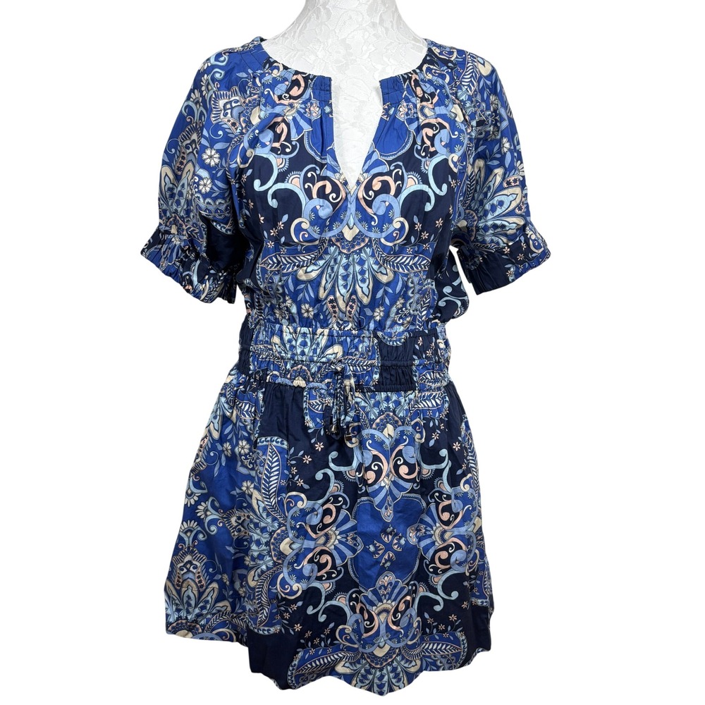 Love The Label Blue Paisley Floral Puff Sleeve Blouse Top Mini Dress Women Small